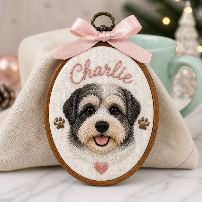 Personalized Pet Portrait Custom Name Hoop Gift Embroidered Christmas Ornament