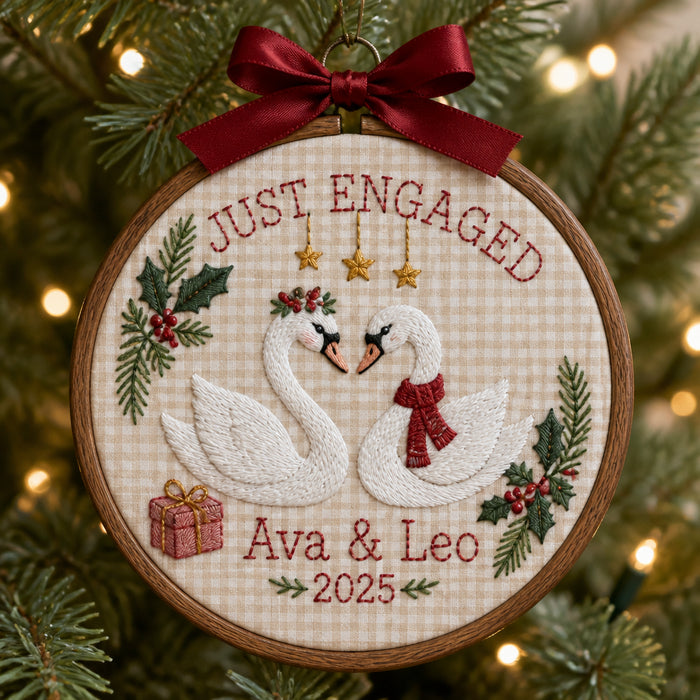 Personalized Engaged Swan Couple Christmas Hoop Keepsake Embroidered Ornament