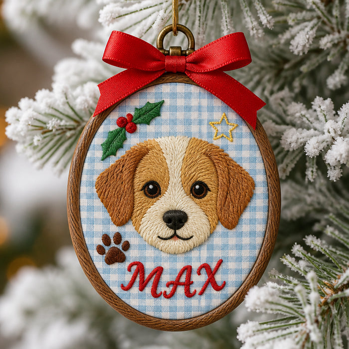 Personalized Pet Portrait Christmas Hoop Ornament Custom Name Embroidered Ornament