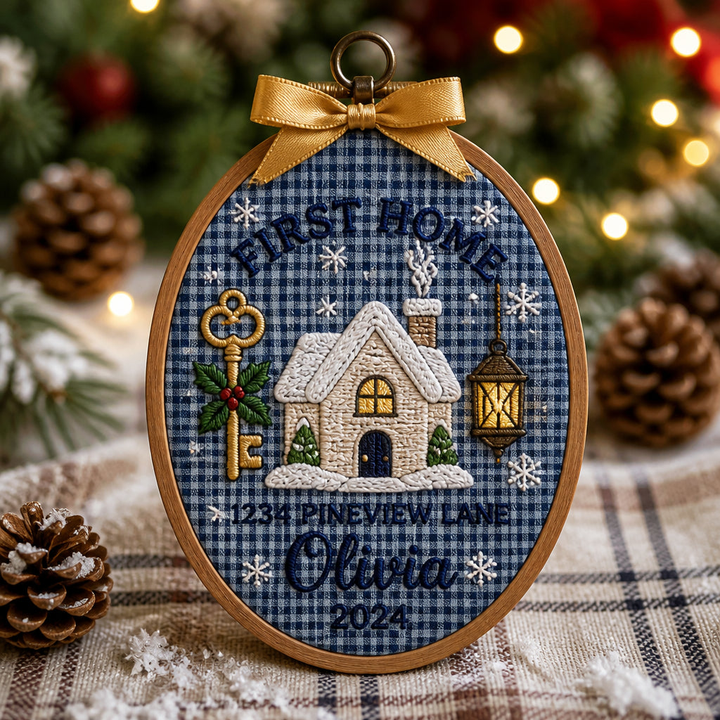 Personalized First Christmas New Home Snow House Key Holly Embroidered Ornament — Christmas ornament