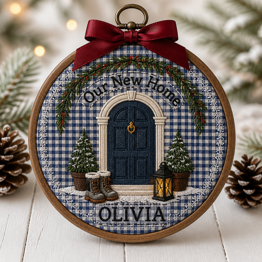Personalized First Home Navy Door Christmas Hoop Embroidered Ornament — Christmas ornament