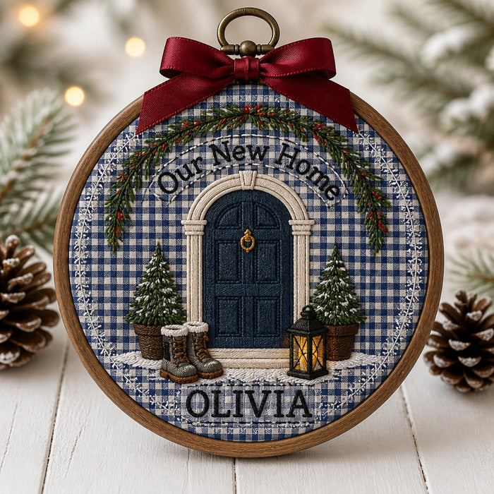 Personalized First Home Navy Door Christmas Hoop Embroidered Ornament