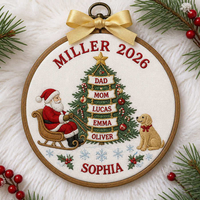 Personalized Santa Sleigh Christmas Tree Family Names Hoop Embroidered Ornament
