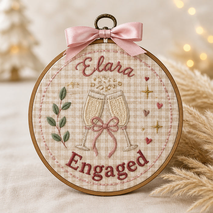 Personalized Engaged Couple Wine Glass Celebration Hoop Embroidered Christmas Ornament