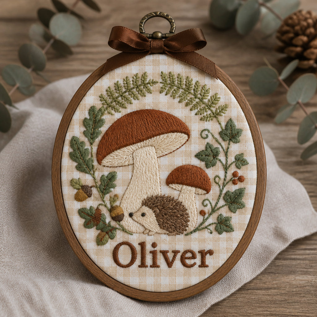 Personalized Baby Name Forest Mushroom Keepsake Embroidered Christmas Ornament — Christmas ornament