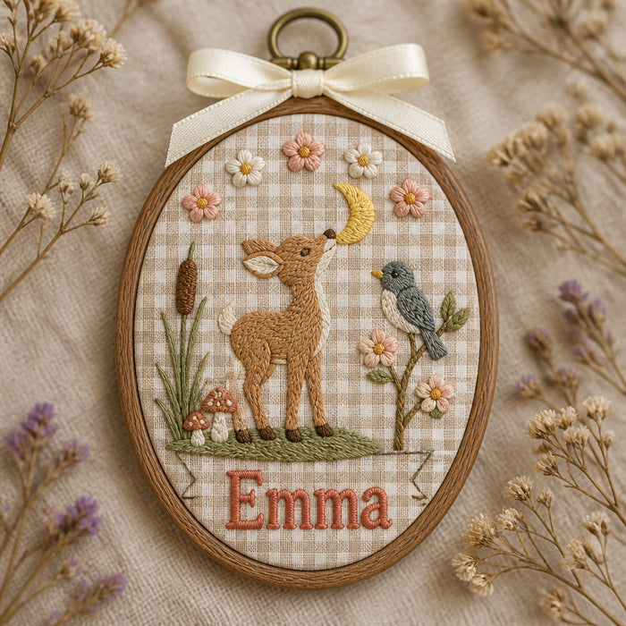 Personalized Baby Fawn Forest Scene Oval Hoop Embroidered Christmas Ornament