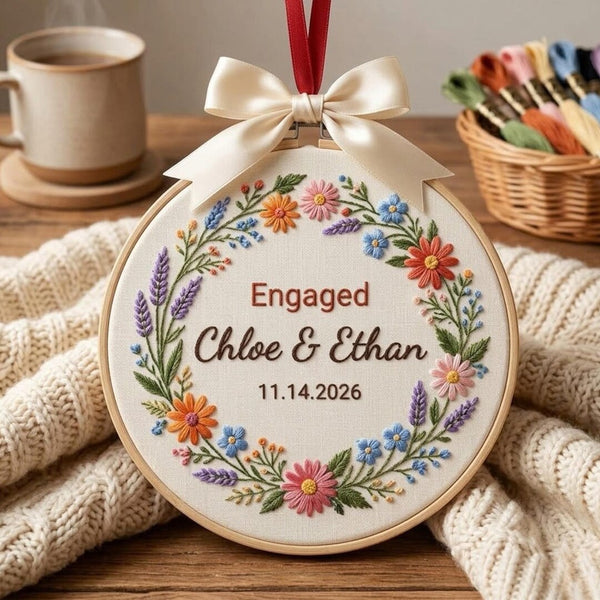 Personalized Engaged Couple Wildflower Wreath Custom Names Date Christmas Embroidered Ornament — Christmas ornament