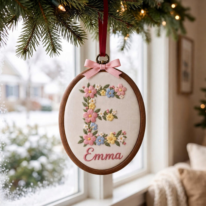 Personalized Floral Initial Letter Christmas Ornament Custom Name Embroidered Ornament