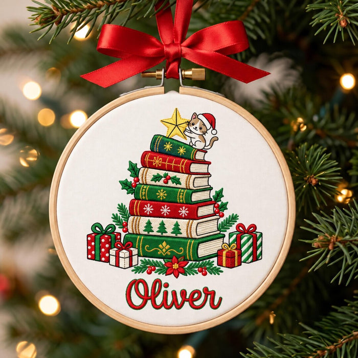 Personalized Christmas Book Stack Cat Santa Hat Star Gifts Custom Name Embroidered Ornament