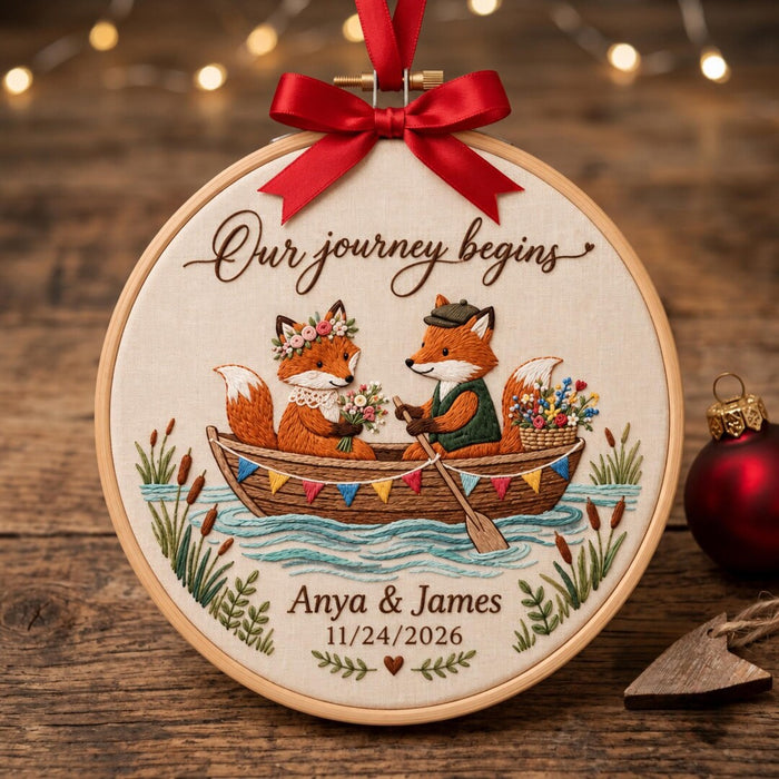 Personalized Fox Couple Rowing Boat Our Journey Begins Custom Names Date Wedding Christmas Embroidered Ornament