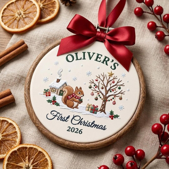 Personalized Squirrel First Christmas Snowy Cabin Holly Tree Custom Name 2026 Embroidered Ornament