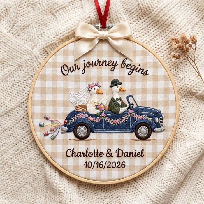Personalized Wedding Duck Couple Vintage Car Our Journey Begins Custom Names Date Embroidered Christmas Ornament