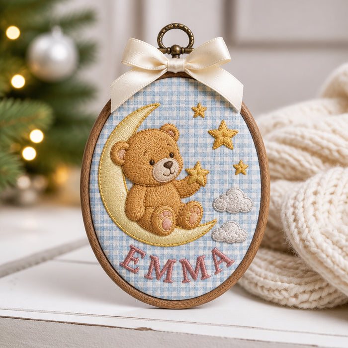 Personalized Baby Bear Moon Stars Nursery Oval Hoop Embroidered Christmas Ornament