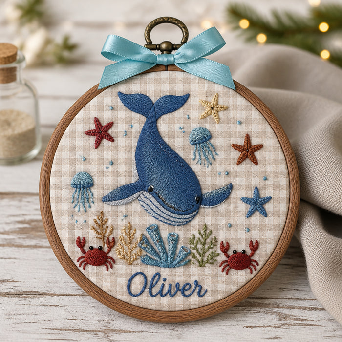 Personalized Baby Whale Ocean Adventure Hoop Gift Embroidered Christmas Ornament