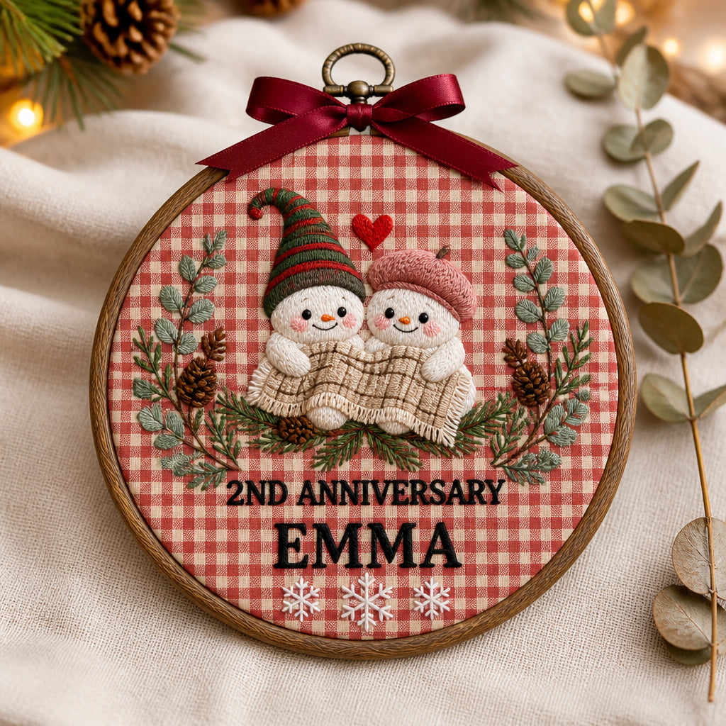 Personalized 2nd Cotton Anniversary Hoop With Snowflake Couple Embroidered Christmas Ornament — Christmas ornament