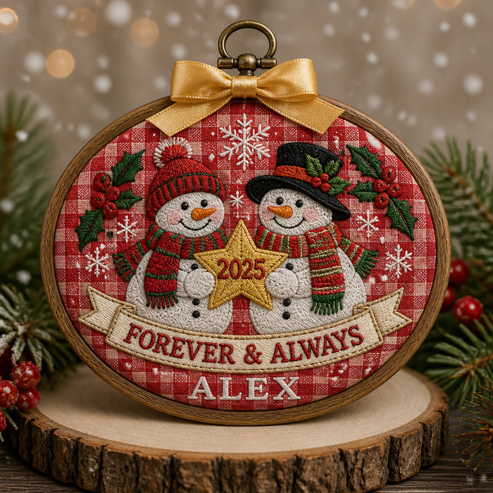 Personalized Snowman Couple Winter Star Anniversary Keepsake Embroidered Christmas Ornament