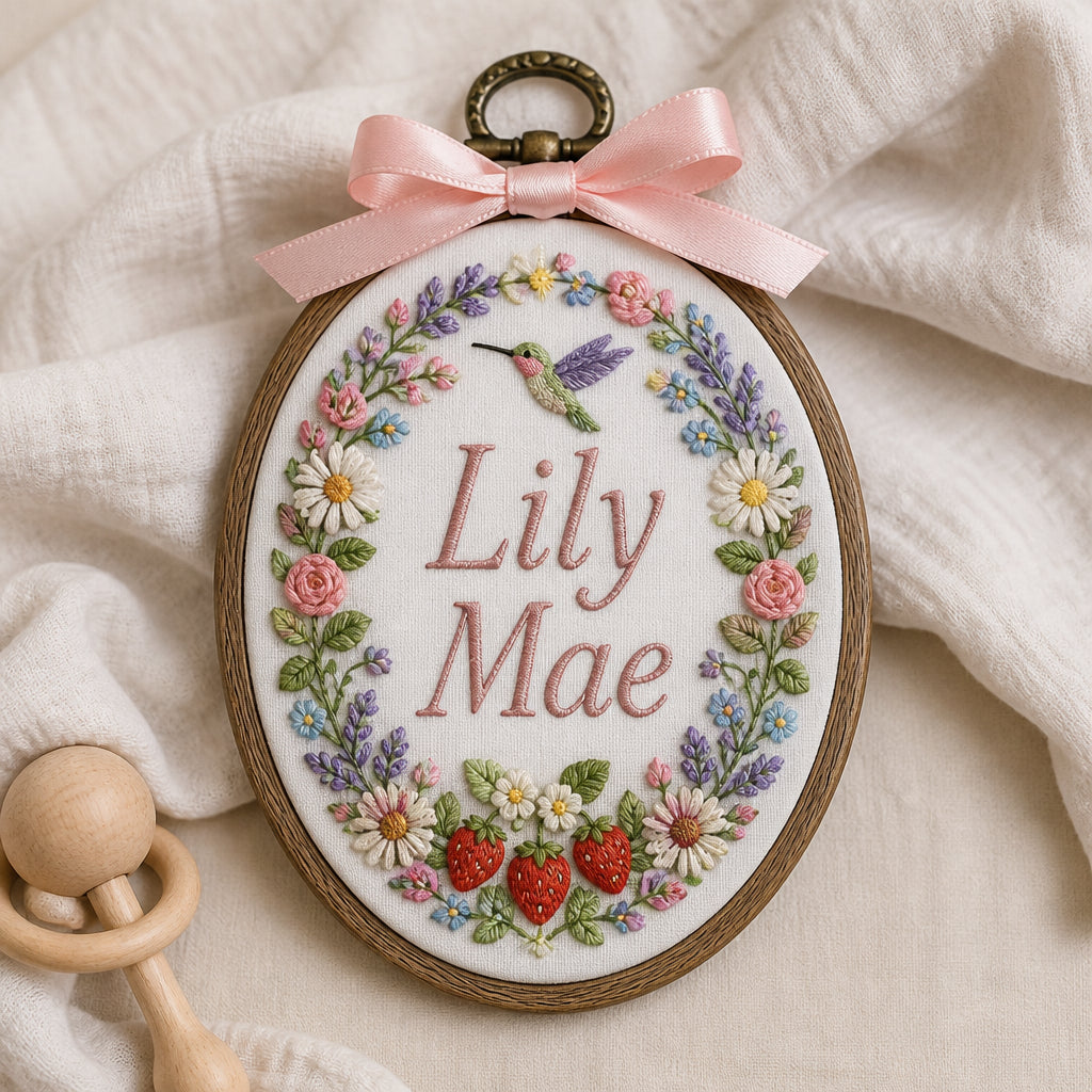 Personalized Baby Name Oval Hoop Floral Garden Nursery Décor Embroidered Christmas Ornament — Christmas ornament