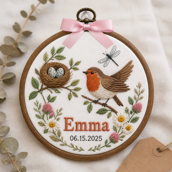 Personalized Baby Bird Nest Botanical Hoop Keepsake Embroidered Christmas Ornament