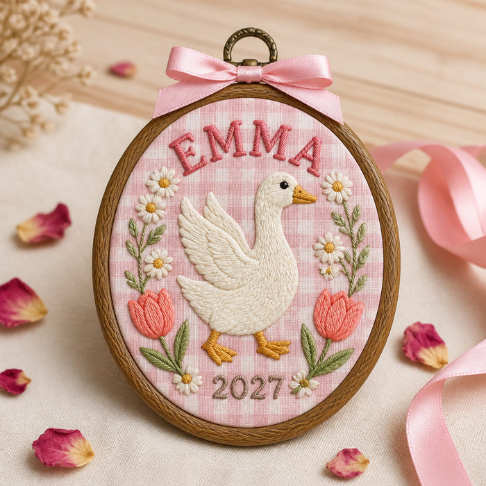 Personalized Baby Girl Goose Floral Garden Nursery Keepsake Embroidered Christmas Ornament