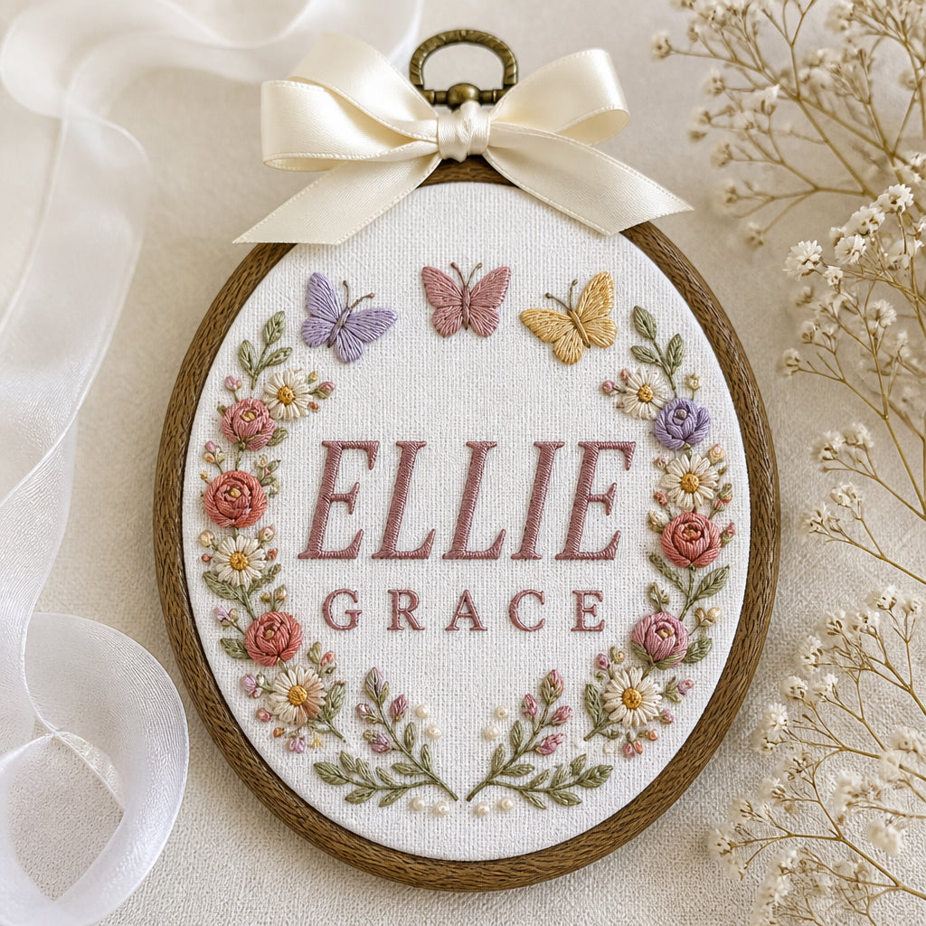 Personalized Baby Girl Name Floral Garden Hoop Embroidered Christmas Ornament — Christmas ornament