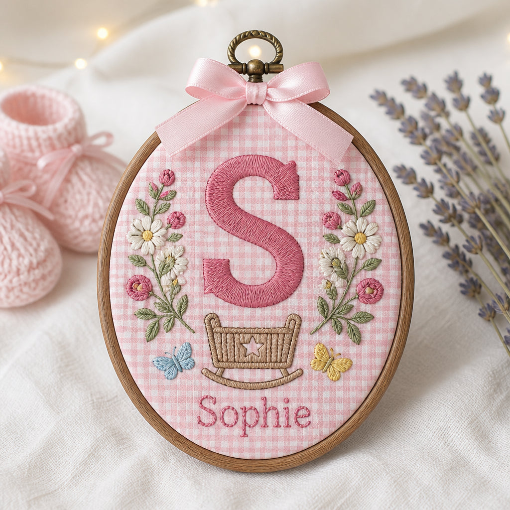 Personalized Baby Initial Floral Garden Nursery Hoop Embroidered Christmas Ornament — Christmas ornament