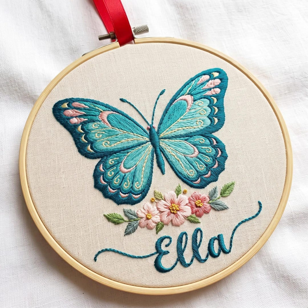 Personalized Butterfly Floral Custom Name Embroidered Christmas Ornament — Christmas ornament