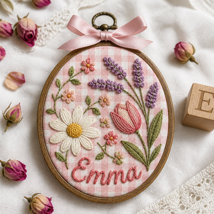 Personalized Baby Name Wildflower Garden Nursery Hoop Art Embroidered Christmas Ornament