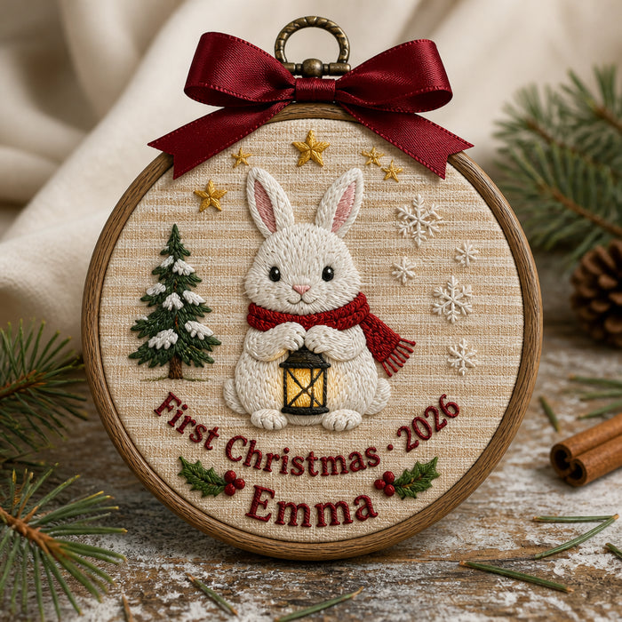 Personalized Baby First Christmas Woodland Bunny Snow Scene Embroidered Ornament