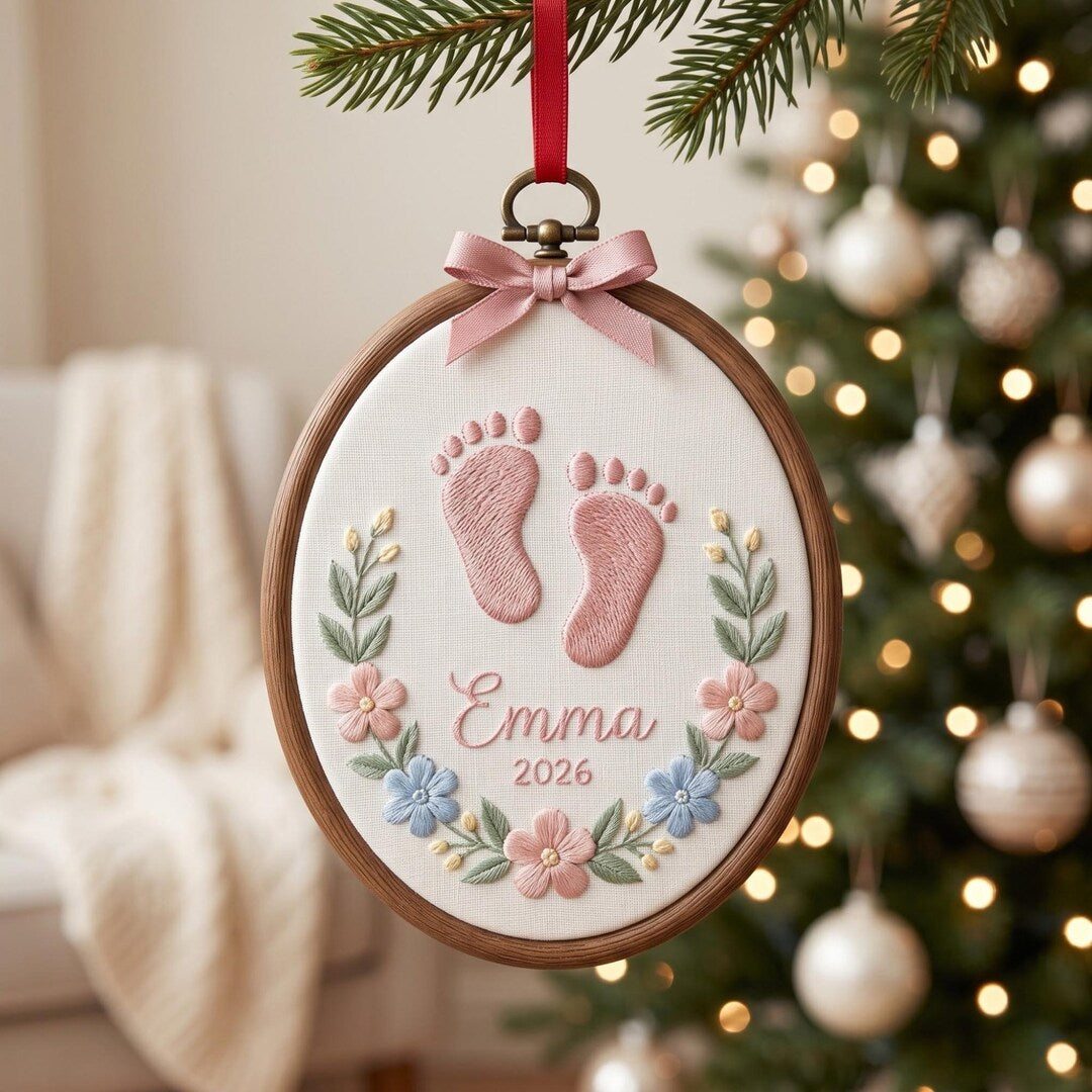 Personalized Baby Footprint Floral Wreath Custom Name Year Christmas Embroidered Ornament — Christmas ornament