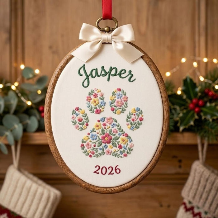 Personalized Pet Name Floral Paw Print Christmas 2026 Custom Name Embroidered Ornament