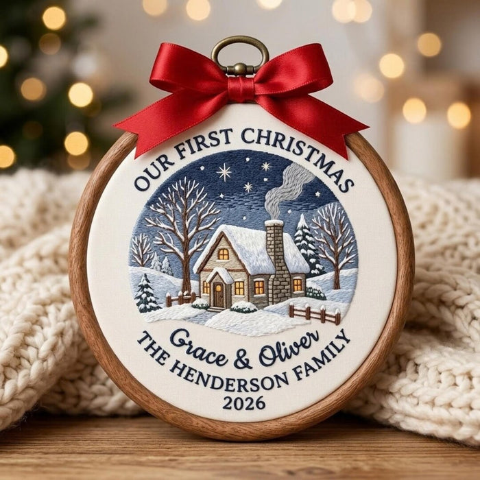 Personalized Our First Christmas Winter Cottage Snow Scene Custom Names Year Embroidered Ornament