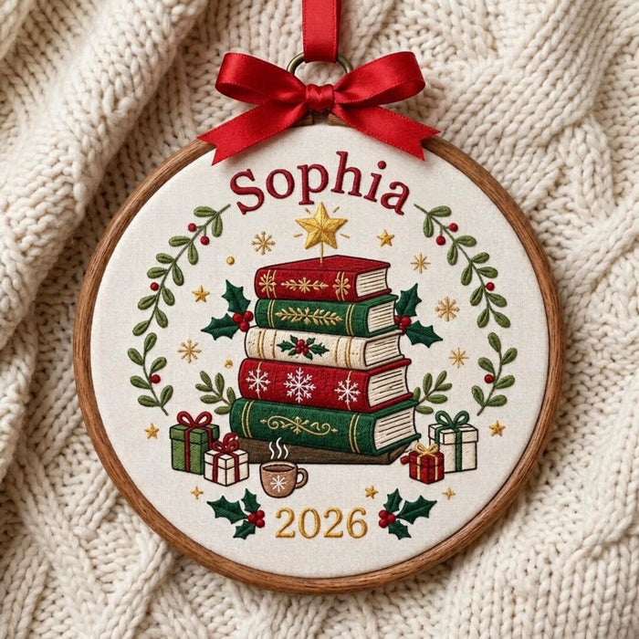 Personalized Christmas Book Stack Holly Star Gifts Coffee Cup Custom Name Year Embroidered Ornament