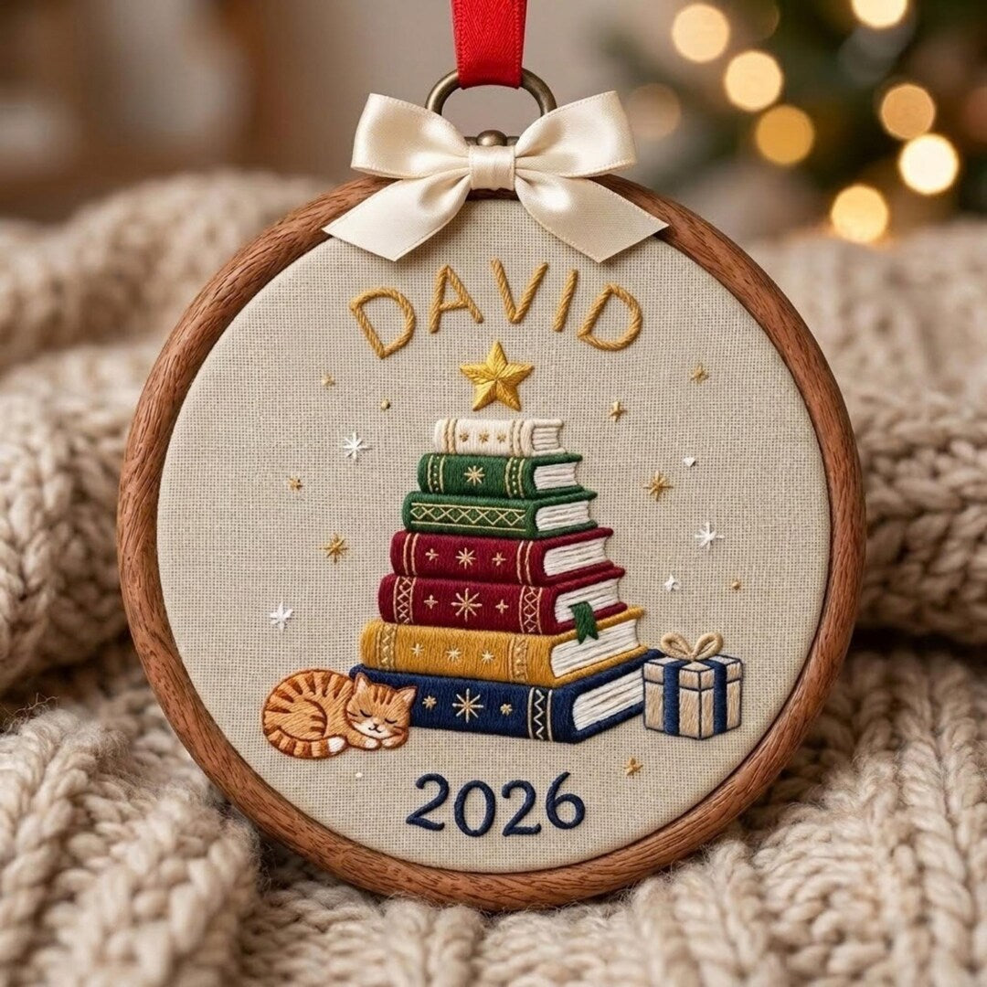 Personalized Book Stack Sleeping Cat Christmas Star 2026 Custom Name Embroidered Ornament — Christmas ornament