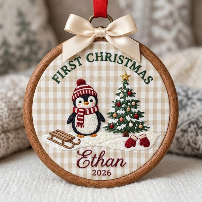Personalized Baby First Christmas Penguin Sled Christmas Tree Mittens Custom Name Year Embroidered Ornament