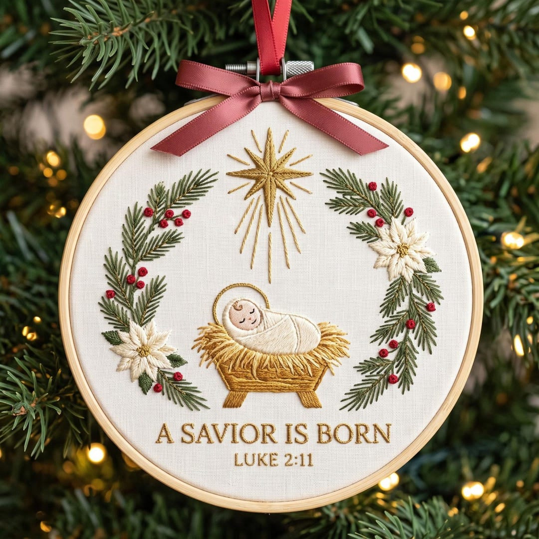 Baby Jesus Manger Star Nativity Poinsettia Wreath A Savior Is Born Luke 2:11 Christmas Embroidered Ornament — Christmas ornament