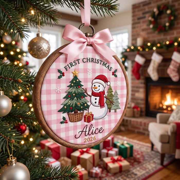 Personalized Baby First Christmas Snowman Pink Gingham Christmas Tree Custom Name 2026 Embroidered Ornament