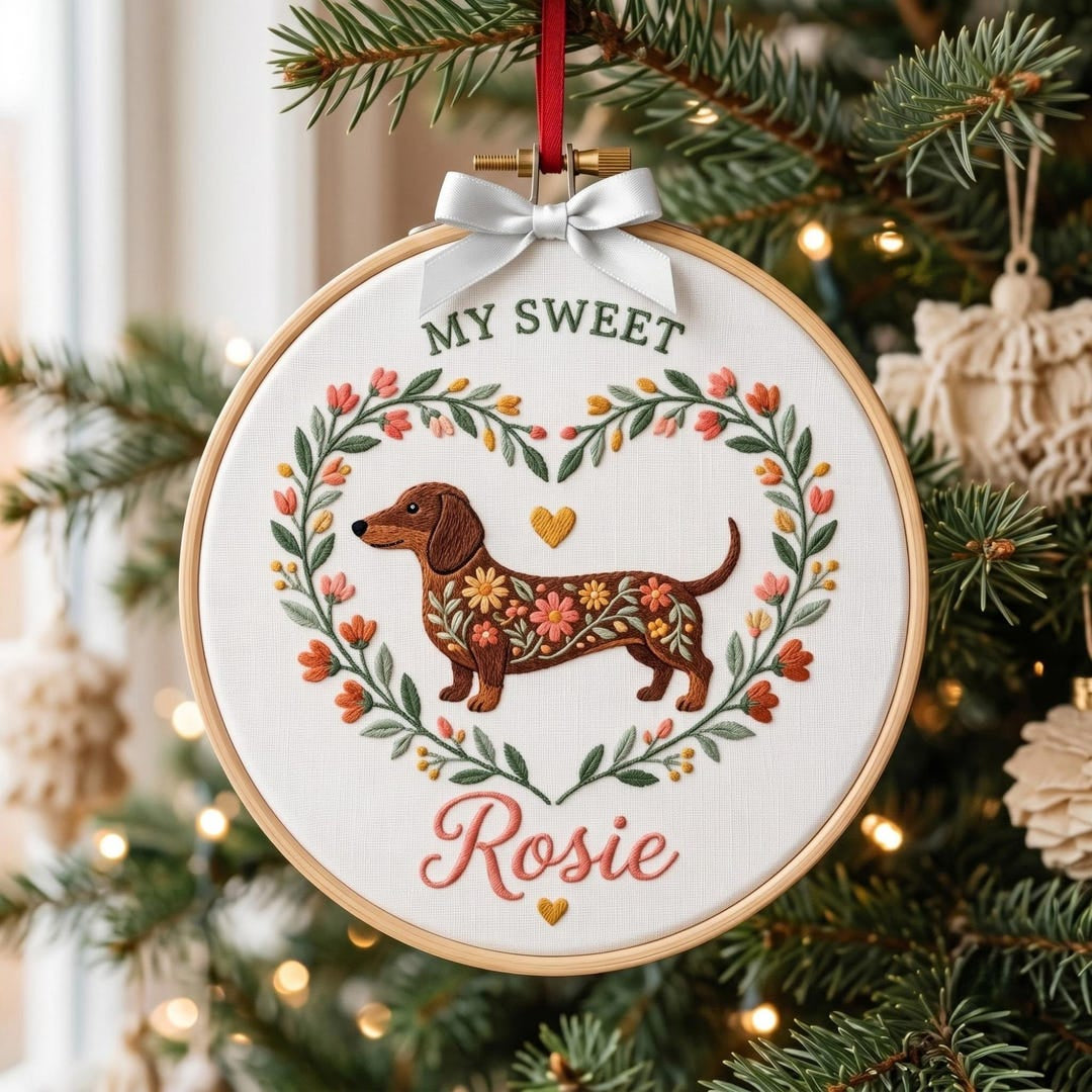 Personalized Dachshund Floral Heart Wreath My Sweet Custom Name Christmas Embroidered Ornament — Christmas ornament