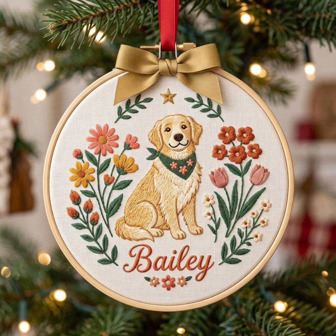 Personalized Golden Retriever Floral Wreath Bandana Custom Name Christmas Embroidered Ornament — Christmas ornament