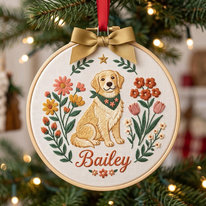 Personalized Golden Retriever Floral Wreath Bandana Custom Name Christmas Embroidered Ornament