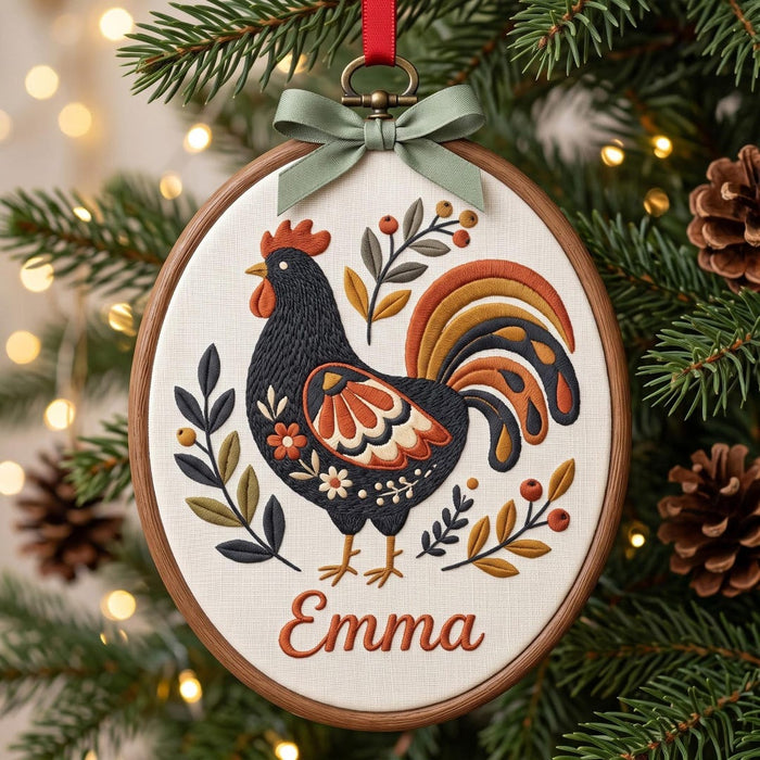 Personalized Folk Art Rooster Floral Christmas Custom Name Embroidered Ornament