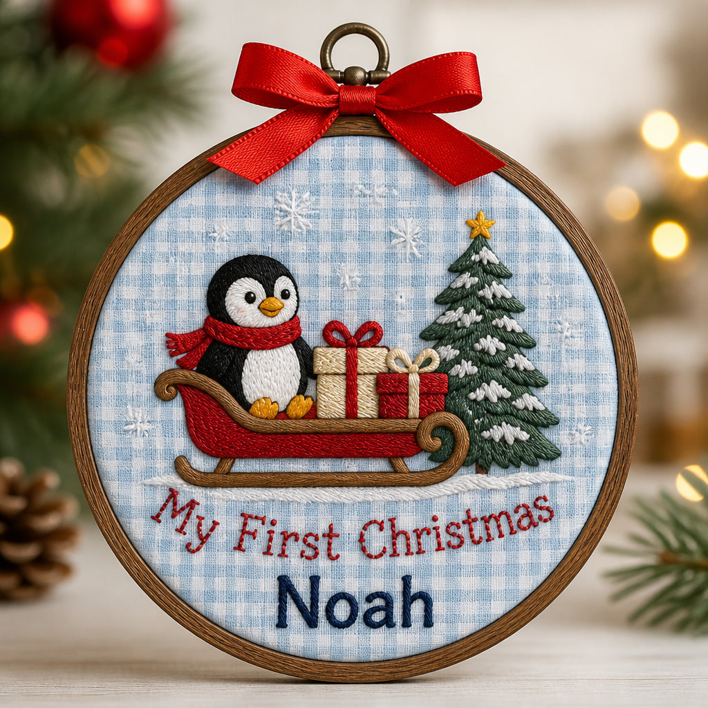 Personalized My First Christmas Baby Boy Sleigh Penguin Embroidered Ornament — Christmas ornament