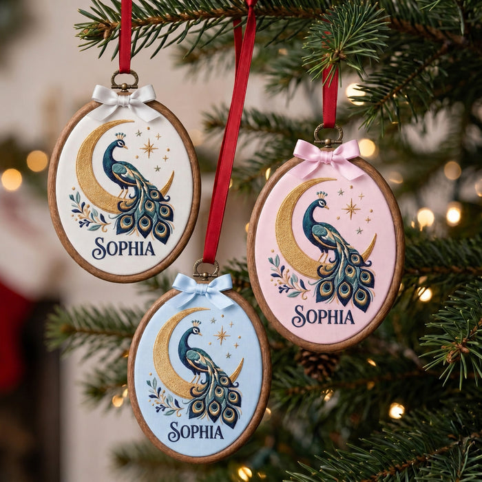 Personalized Peacock Moon Stars Celestial Boho Custom Name Christmas Embroidered Ornament