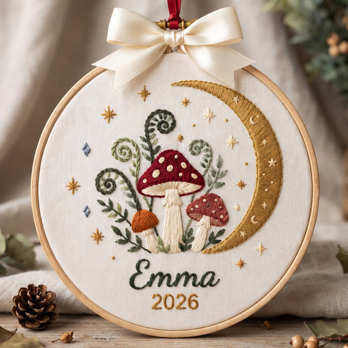 Personalized Mushroom Moon Botanical Woodland Christmas 2026 Custom Name Embroidered Ornament
