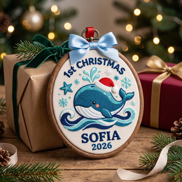 Personalized Baby's 1st Christmas Whale Santa Hat Snowflakes Embroidered Ornament