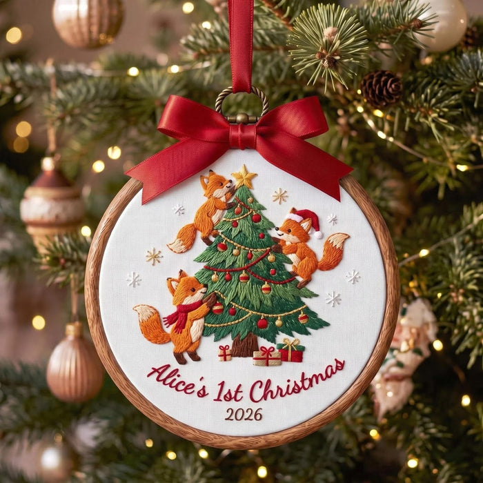 Personalized Baby First Christmas Fox Family Decorating Tree Custom Name Year Embroidered Ornament