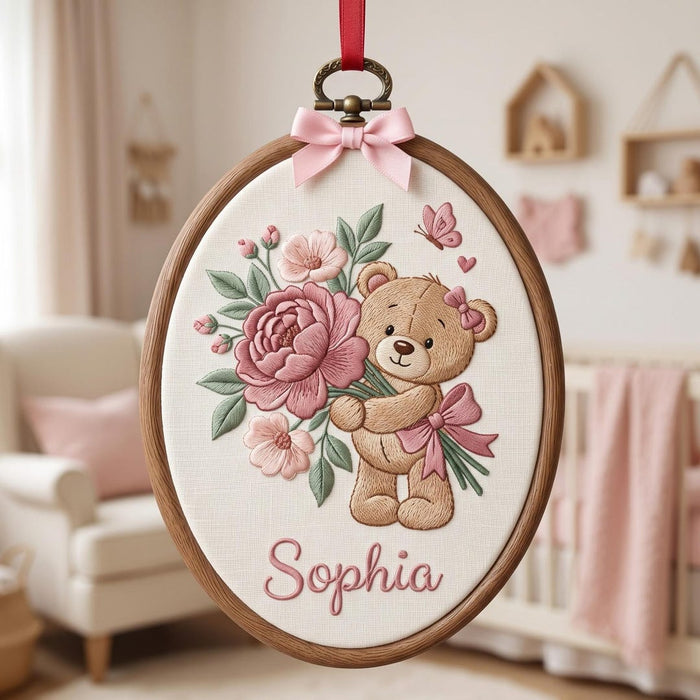 Personalized Baby Girl Teddy Bear Floral Bouquet Pink Bow Custom Name Embroidered Christmas Ornament