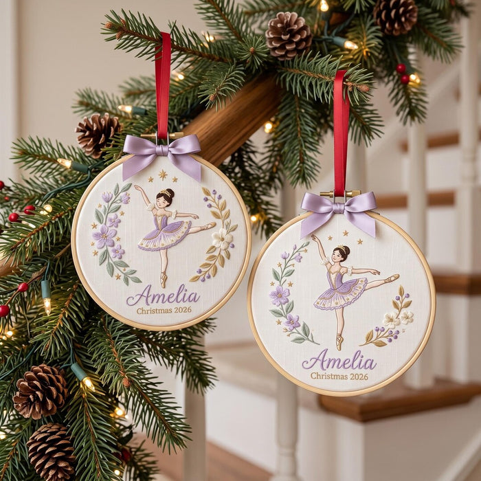 Personalized Ballerina Floral Wreath Custom Name Christmas Embroidered Ornament