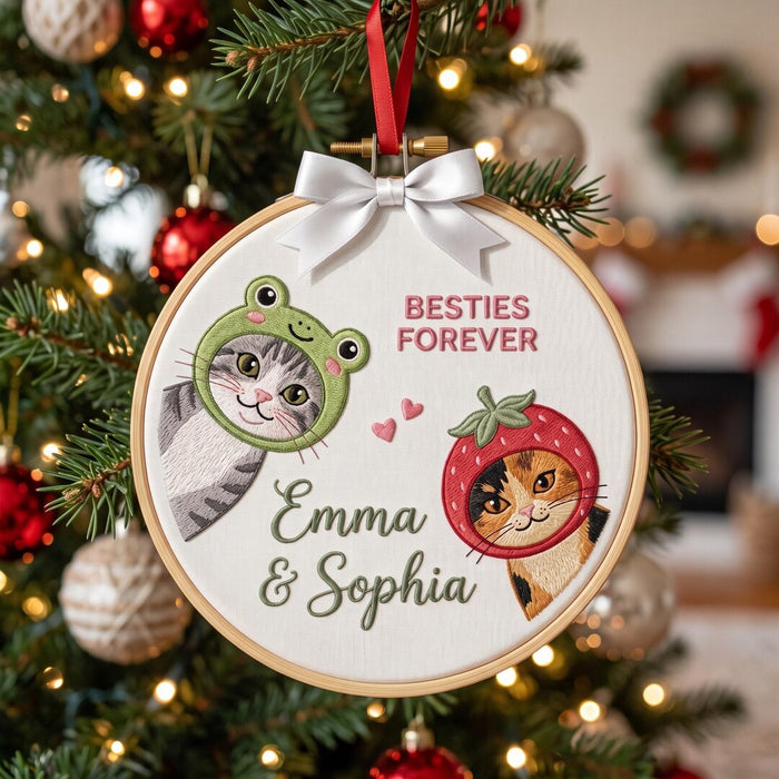 Personalized Besties Forever Two Cats Frog Hat Strawberry Hat Custom Names Christmas Embroidered Ornament
