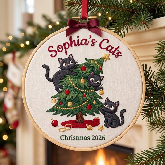 Personalized Black Cats Christmas Tree Climbing Funny Custom Name Year Embroidered Ornament