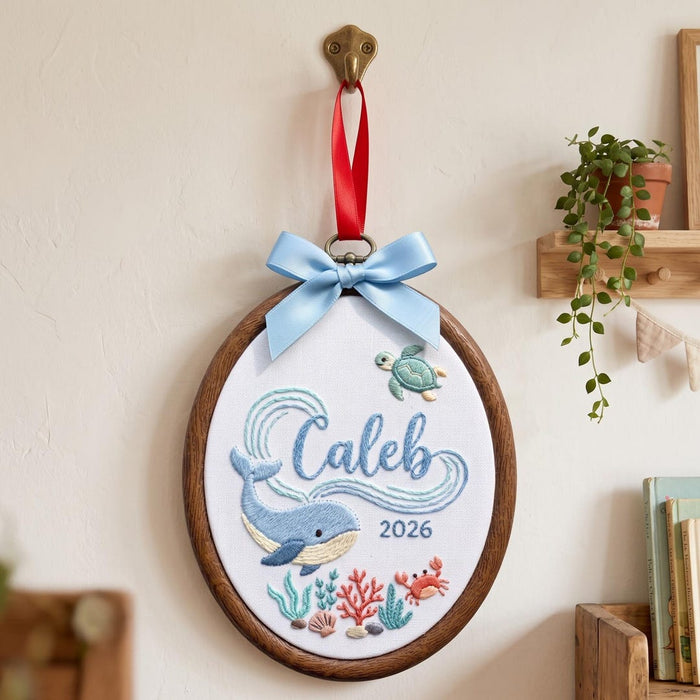 Personalized Ocean Nursery Whale Turtle Crab Coral Seaweed Baby Name Embroidered Christmas Ornament